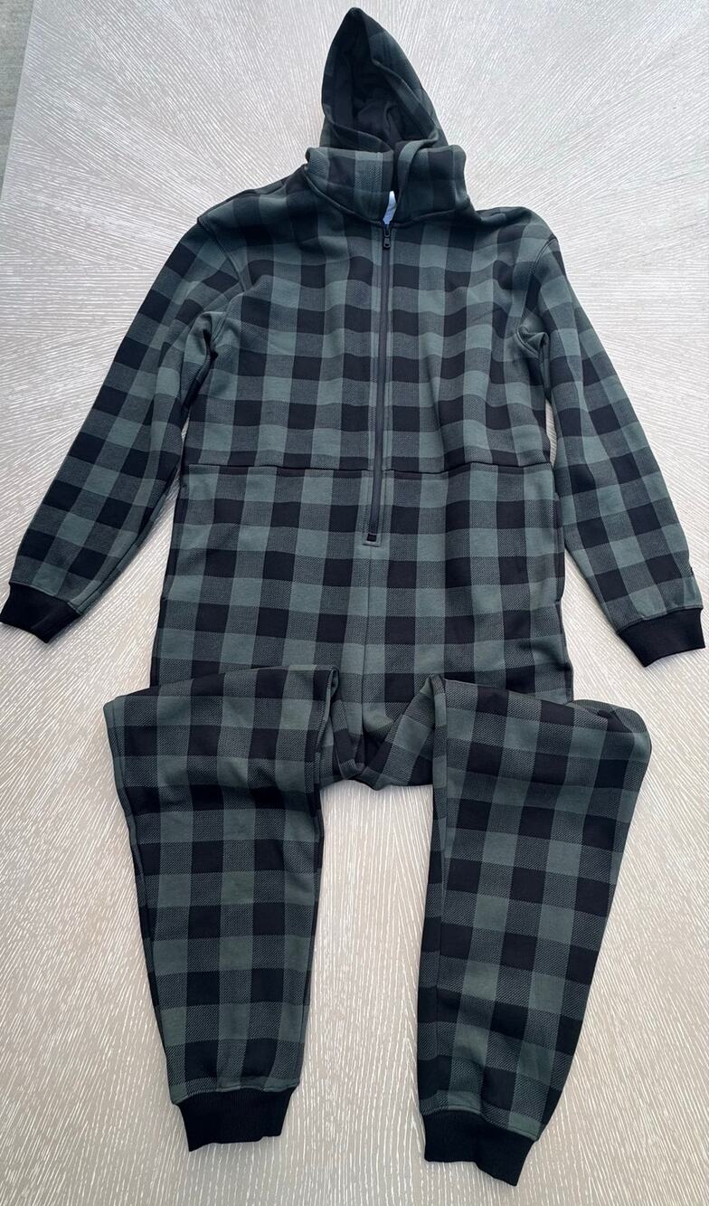 Fabletics Hooded One Piece Pajama Lounge Romper Gray Buffalo Plaid M TALL
